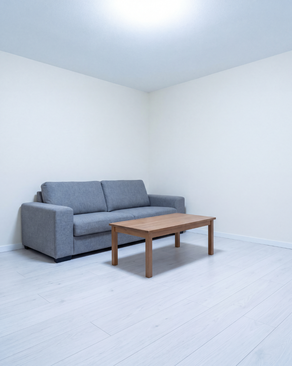 A living room under flat, cold white ceiling light