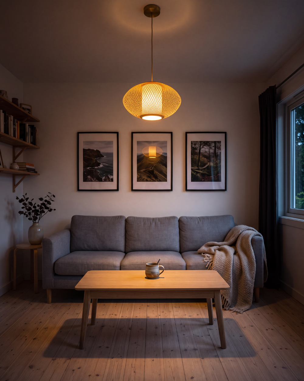 The same living room lit by a single warm pendant