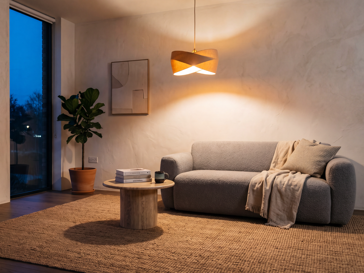 A living room lit by a single warm pendant in the evening